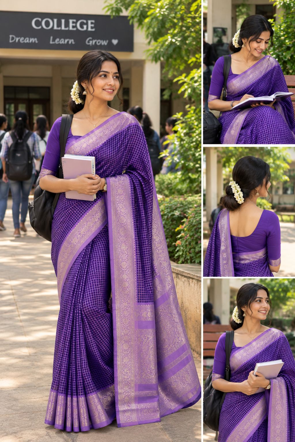 Young woman in a violet checked saree on a college campus