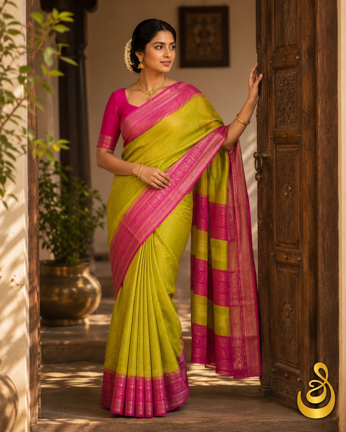 Woman in a lime green silk saree with a rani pink zari border at a carved wooden doorway