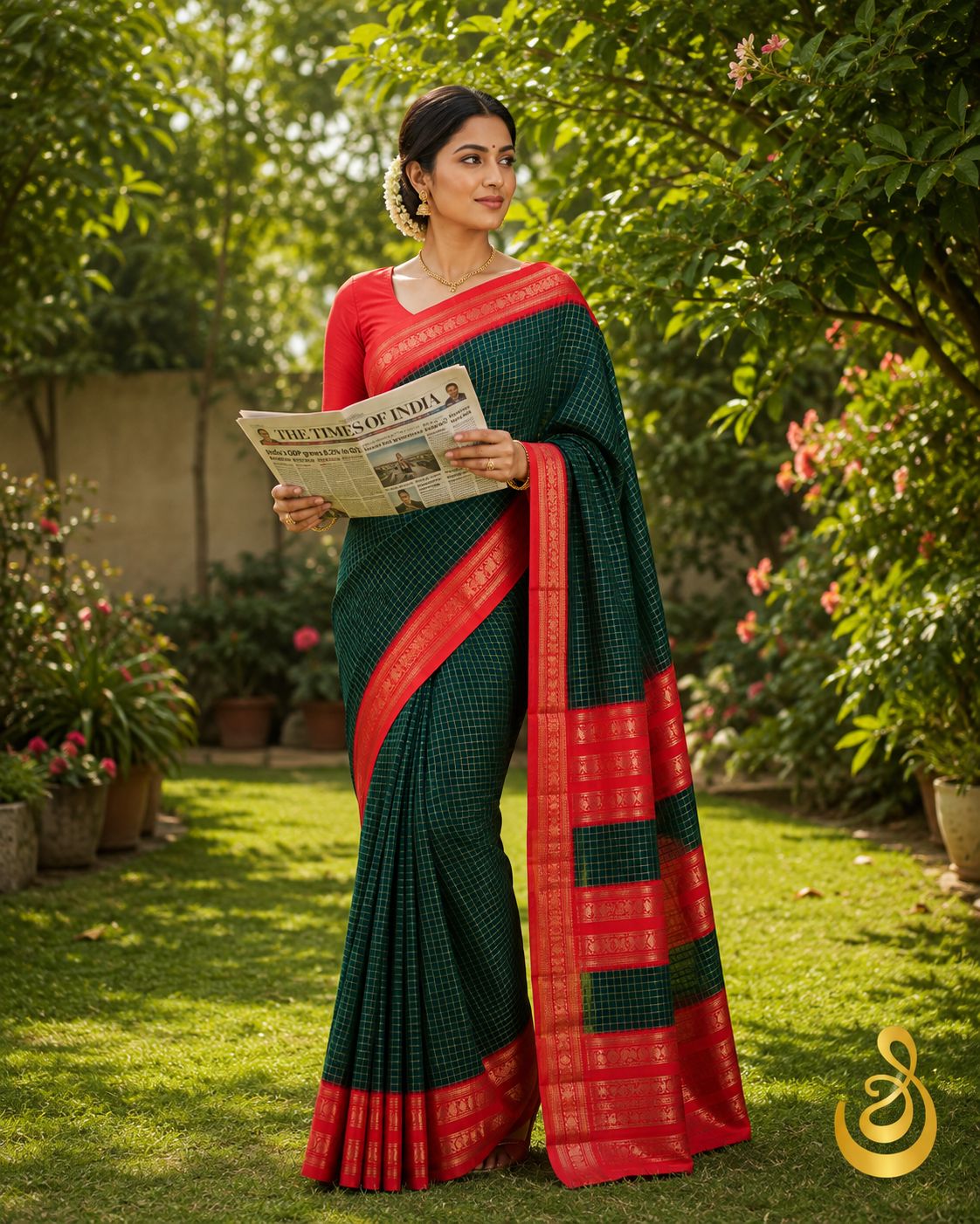 Bottle green checked handloom saree with a red zari border