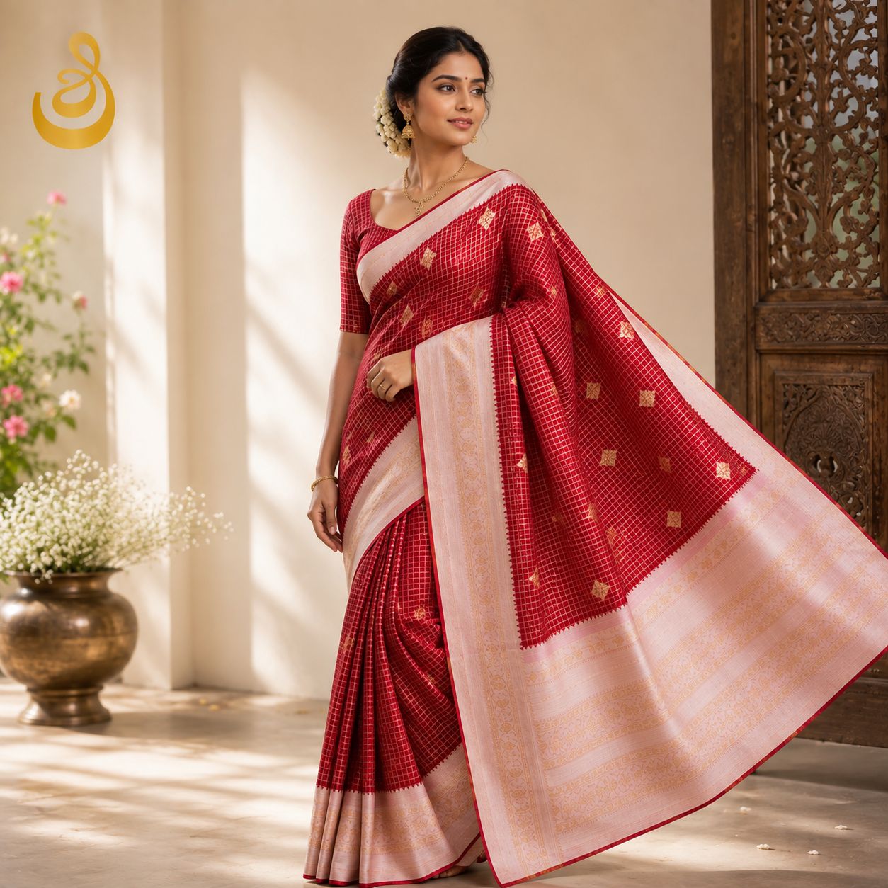 Woman in a red checked silk saree with a wide pink and gold zari pallu
