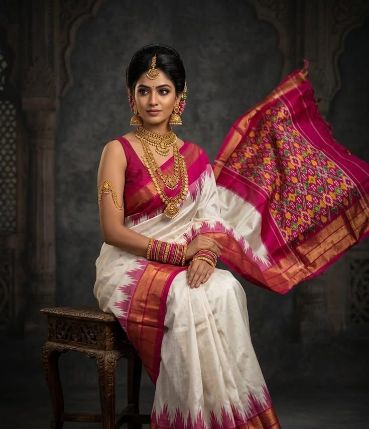 Ivory ikat silk saree with a rani pink and gold border