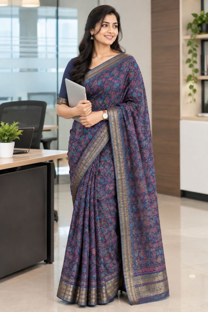 Navy printed crepe saree styled as office wear