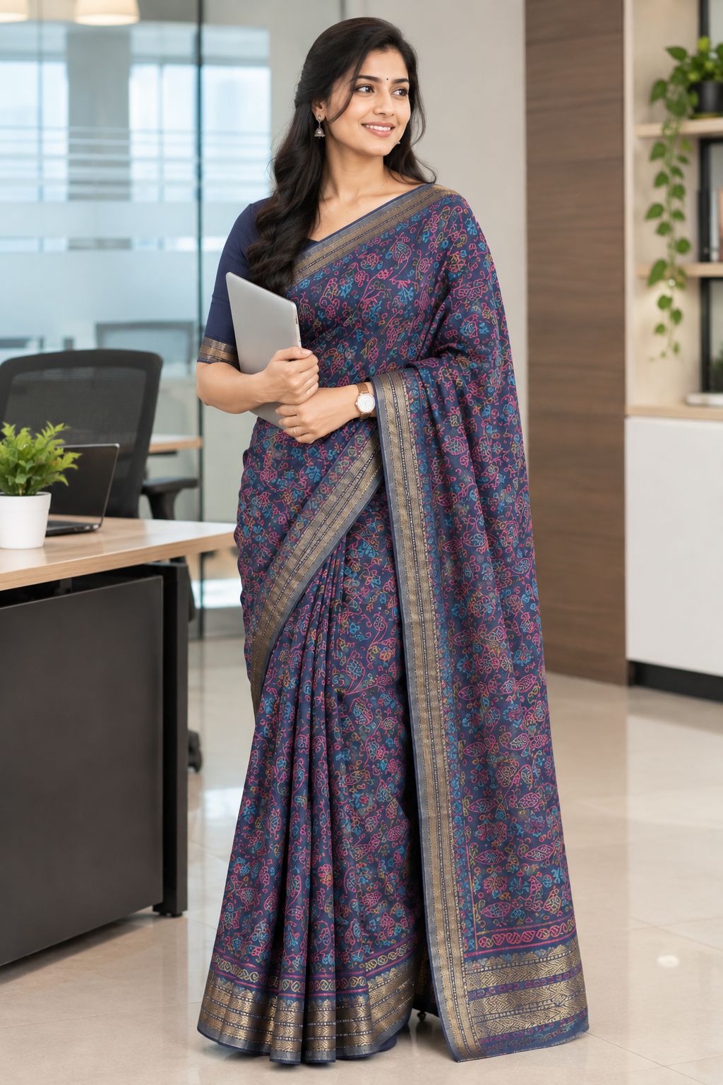 Navy printed crepe saree styled as office wear