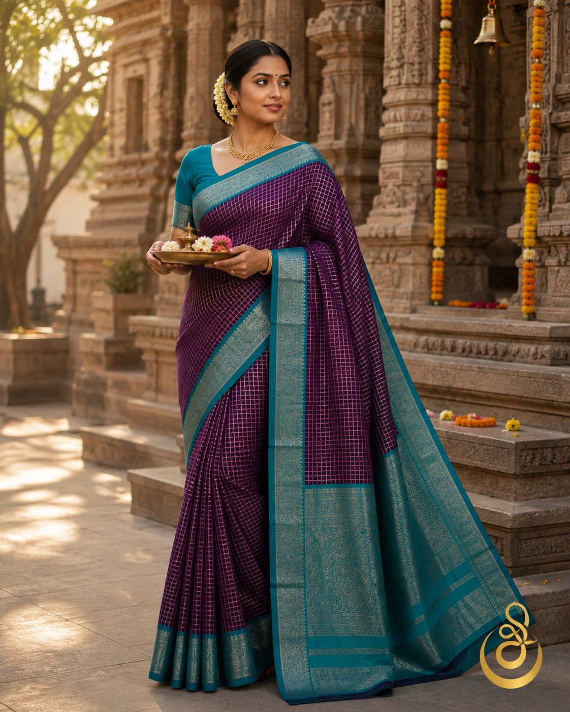 Purple checked saree with a teal zari border worn at a stone temple