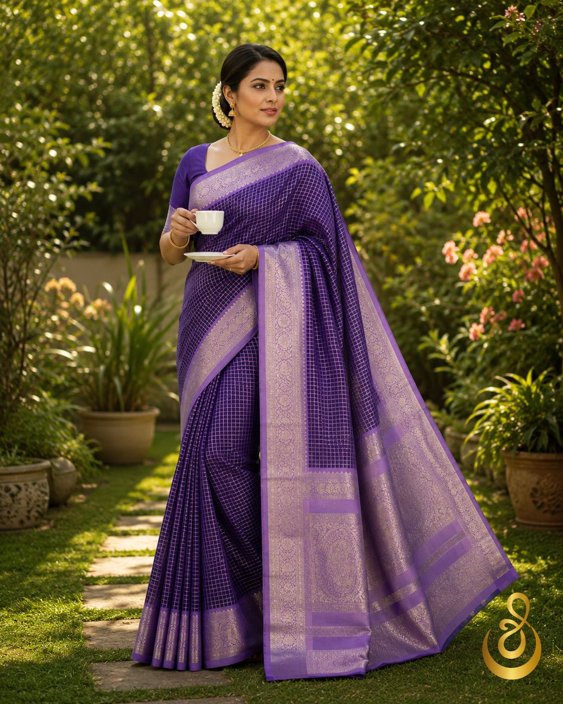 Violet checked saree with a lavender zari border in a garden