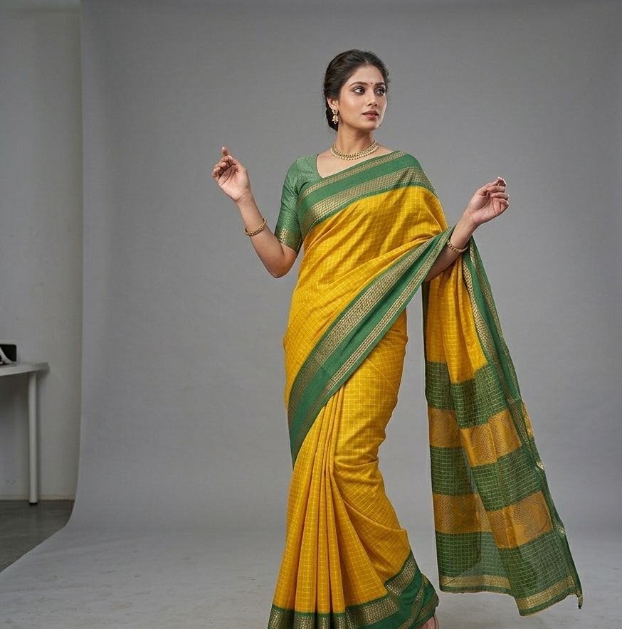 Yellow checked cotton saree with a green border