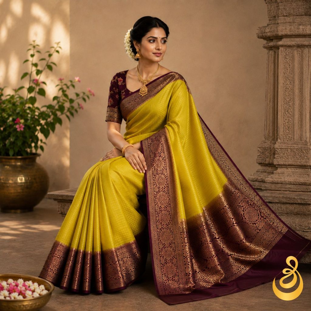 Lime yellow silk saree with a wide wine and gold zari border